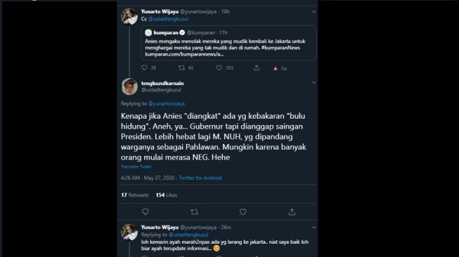 Yunarto Wijaya dan Tengku Zul saling sentil soal aturan larangan pemudik kembali ke Jakarta. (Twitter/@ustadtengkuzul)