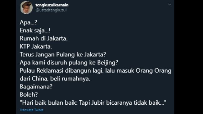 Cuitan Ustaz Tengku Zul menolak aturan pemudik kembali ke Jakarta yang disampaikan Jubir Covid-19. (Twitter/@ustadtengkuzul)