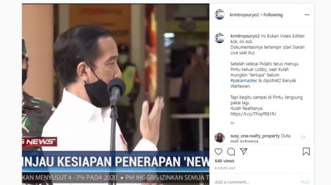 Roy Suryo menyoroti pemakaian masker Jokowi. (Instagram/KRMT Roy Suryo)