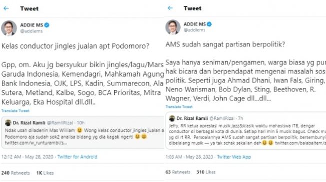 Addie MS berbalas cuitan dengan Rizal Ramli (Twitter)