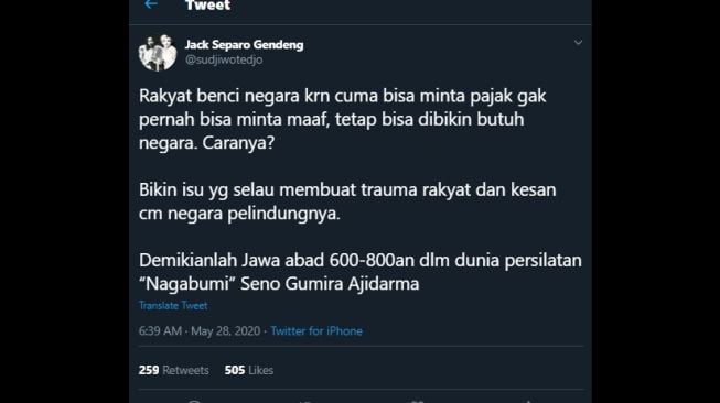 Cuitan Sudjiwo Tedjo mengutip kisah Nagabumi. (Twitter/@sudjiwotedjo)