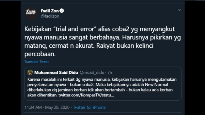 Cuitan Fadli Zon mengkritik pernyataan Airlangga Hartarto. (Twitter/@fadlizon)