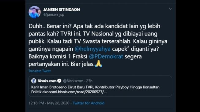 Cuitan Jansen Sitindaon mempertanyakan kepantasan Iman Brotoseno jadi Dirut TVRI. (Twitter/@jansen_jsp)