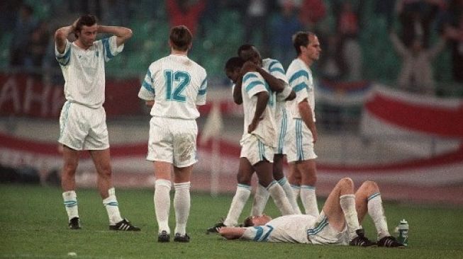 Red Star Belgrade mengalahkan Marseille lewat drama adu penalti dalam partai final Piala Champions 1991 di Stadion San Nicola, Bari, Italia, Rabu (29/5/1991). (ANTARA/AFP/Jacques Demarthon/Patrick Hertzog)