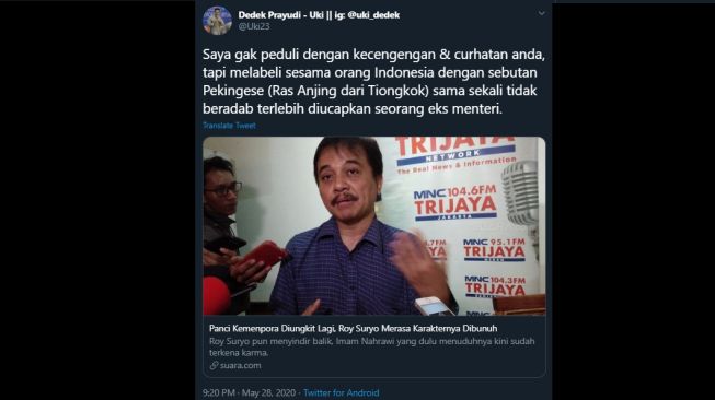 Dedek Prayudi mempersoalkan istilah Pekingese yang dilontarkan Roy Suryo. (Twitter/@uki23)