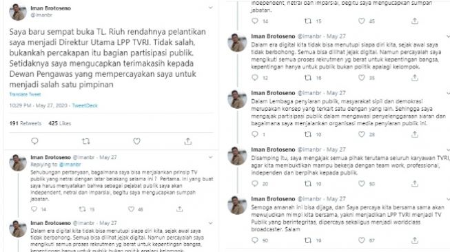 Respon Iman Brotoseno menanggapi protes atas pelantikan dirinya menjadi Dirut TVRI (TVRI)