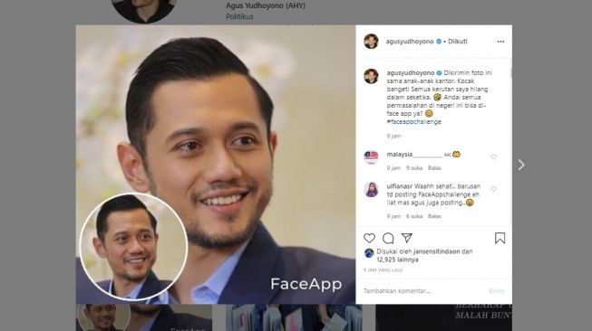 Agus Harimurti Yudhoyono atau AHY ikut FaceApp Challenge (Instagram)