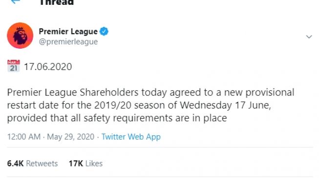 Liga Inggris kembali digelar 17 Juni 2020. (Twitter/@premierleague).