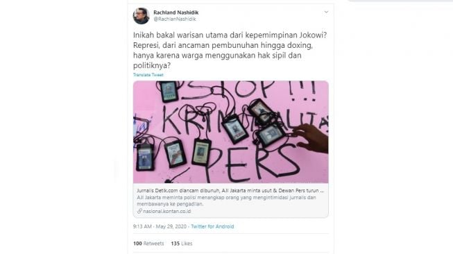 Rachland Nashidik menanggapi kasus kekerasan wartawan (Twitter)