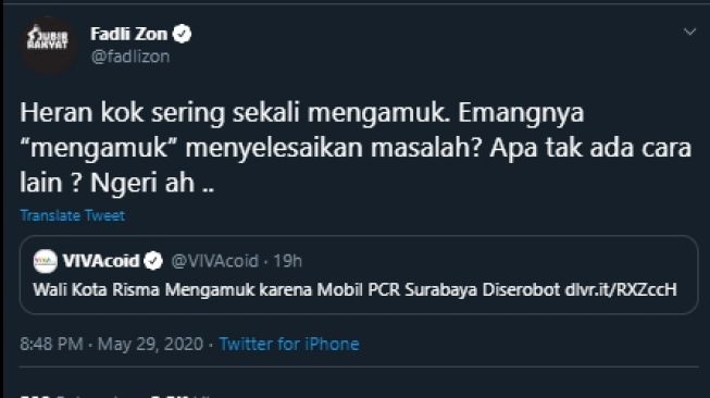 Fadli Zon menyoroti Wali kota Risma yang mengamuk. (Twitter/@fadlizon)