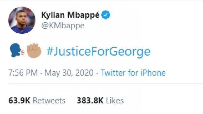 Kylian Mbappe tunjukkan rasa rolidaritas untuk George Floyd. (Twitter/@KMbappe).