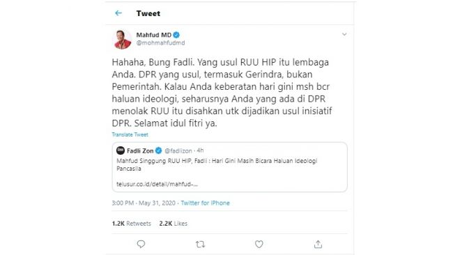 Mahfud MD tertawa merespon komentar Fadli Zon soal RUU Haluan Ideologi Pancasila (HIP) (Twitter)