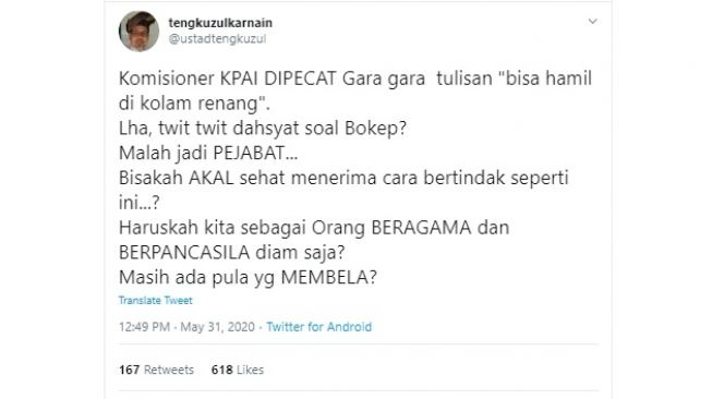 Tengku Zulkarnain membandingkan Iman Brotoseno dengan pemecatan Komisioner KPAI (Twitter)