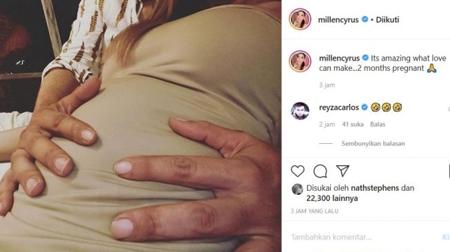 Millen Cyrus unggah foto memegang perut dan mengaku hamil. [Instagram]