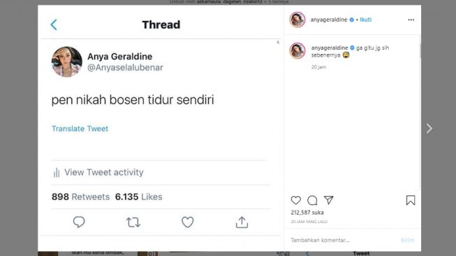 Cuitan Anya Geraldine soal ingin menikah. (Instagram/@anyageraldine)