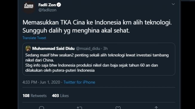 Cuitan Fadli Zon soal kedatangan TKA China guna program alih teknologi. (Twitter/@fadlizon)