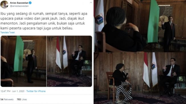 Gubernur DKI Jakarta Anies Baswedan mengikuti upacara Hari Lahir Pancasila secara virtual disaksikan ibundanya, Aliyah Rasyid (Twitter)