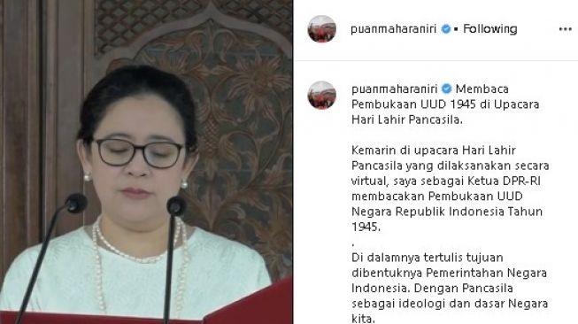 Puan Maharani membacakan Pembukaan UUD 45 dalam acara Peringatan Hari Lahir Pancasila. (Instagram/@puanmaharani)