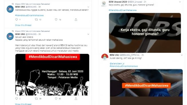 BEM dari beberapa universitas dan ikut menyerukan tagar #MendikbudDicariMahasiswa (Twitter)