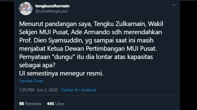 Cuitan Tengku Zul menanggapi pernyataan Ade Armando yang sebut Din Syamsuddin dungu. (Twitter/@ustadtengkuzul)