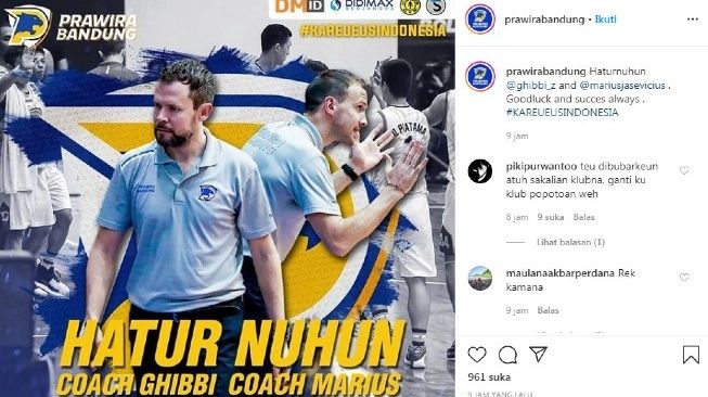 Postingan ucapan terima kasih Prawira Bandung kepada sang pelatih Giedrius Zibenas, dan asistennya, Marius Jasevicius, Selasa (2/6/2020). [Instagram@prawirabandung]