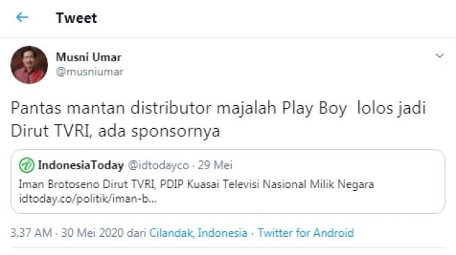 Salah Sebut Dirut TVRI Eks Distributor Majalah Playboy, Rektor UIC Dibully