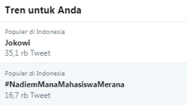 Tagar #NadiemManaMahasiswaMerana jadi trending topic (Twitter)