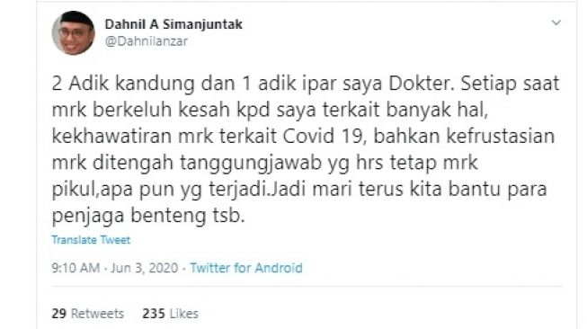 Dahnil Anzar Simanjuntak sering dapat keluh kesah adiknya yang jadi dokter perihal Covid-19 (Twitter)