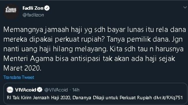 Fadli Zon tanggapi pembatalan ibadah haji 2020. (Twitter/@fadlizon)