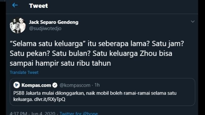 Cuitan Sudjiwo Tedjo pertanyakan berapa lama satu keluarga bisa naik  mobil bersamaan. (Twitter/@sudjiwotedjo)