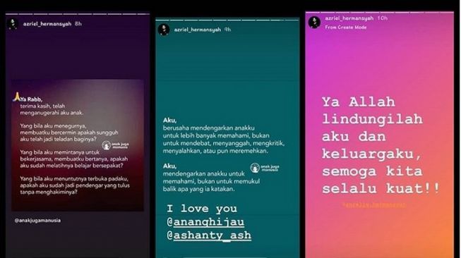 Unggahan Azriel Hermansyah mengenai orangtua. Ia berterima kasih kepada Anang Hermansyah dan Ashanty, namun mengabaikan Krisdayanti. [Instagram]