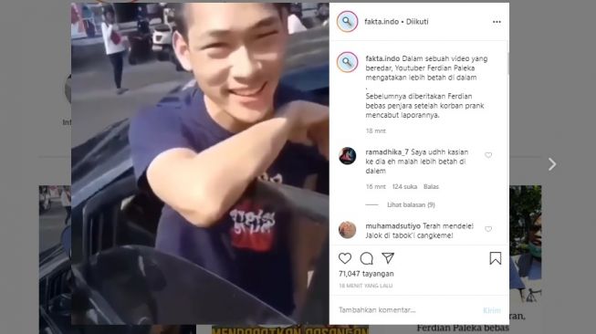 Viral video Ferdian Paleka sebut lebih betah di dalam penjara (Instagram)