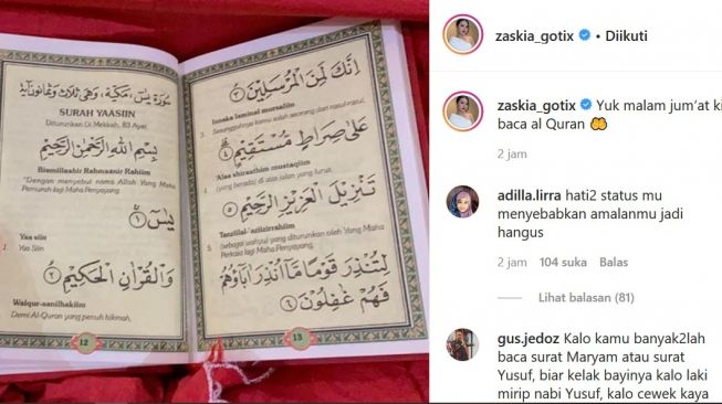 Zaskia Gotik unggah tengah membaca surah Yasin. [Instagram]