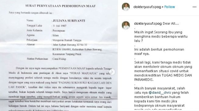 Surat permintaan maaf wanita yang menghina tim medis. (Instagram/@dokteryusufspog)