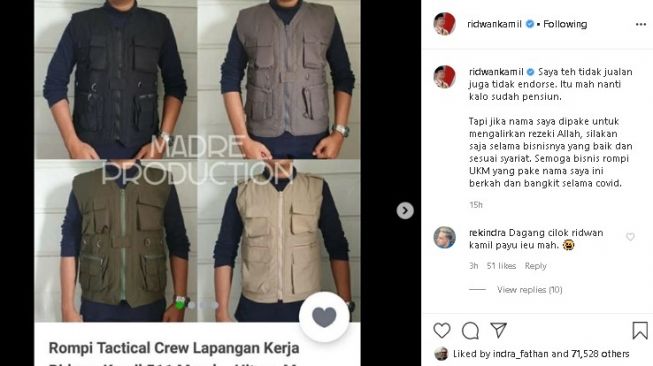 Nama Ridwan Kamil dicatut jadi merek rompi. (Instagram/@ridwankamil)