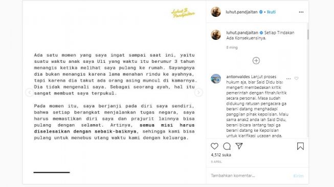 Luhut Binsar Pandjaitan Tterpukul dianggap orang asing oleh putrinya (Instagram)