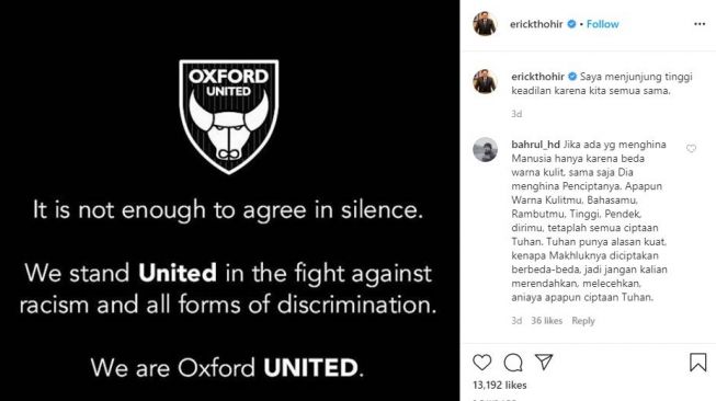 Oxford United ikut melakukan perlawanan pada tindakan rasisme. (Instagram/erickthohir)