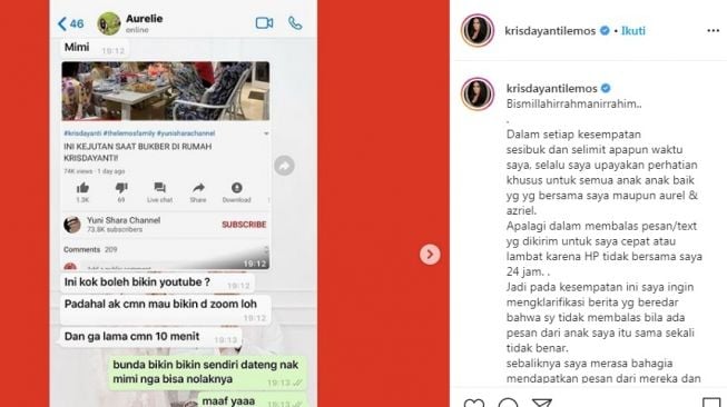 Unggahan Krisdayanti usai dituduh tak balas pesan Aurel Hermansyah [Instagram/@krisdayantilemos]