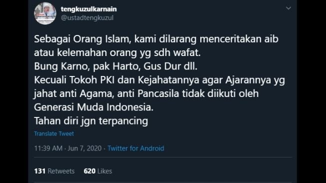 Cuitan Ustaz Tengku Zul soal boleh menceritakan aib PKI. (Twitter/@ustadtengkuzul)