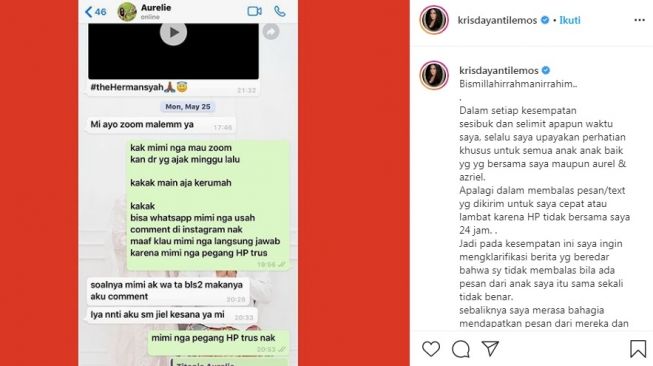 Unggahan Krisdayanti usai dituduh tak balas pesan Aurel Hermansyah [Instagram/@krisdayantilemos]