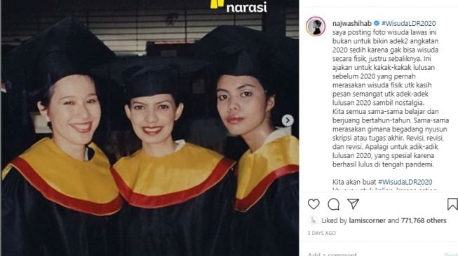 Unggahan Najwa Shihab soal Wisuda LDR 2020. (Instagram/najwashihab)