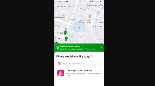 Layanan GoRide di aplikasi Gojek. [Screenshot/Tivan Rahmat]