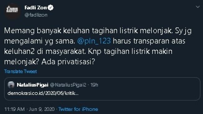 Cuitan Fadli Zon soal kenaikan listrik. (Twitter/@fadlizon)