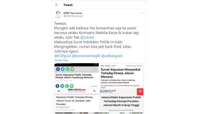 Roy Suryo menanggapi klaim Fadjroel Rachman yang menyebut kepuasan publik terhadap kinerja Presiden Jokowi cukup tinggi