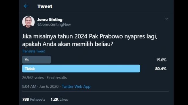 Polling yang digelar Jonru Ginting jika Prabowo mencalonkan diri jadi Presiden 2024. (Twitter/@JonruGintingNew)