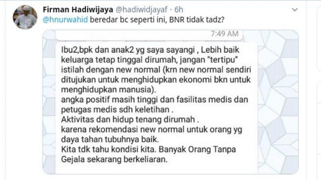 Viral Istri HNW Minta Jangan Percaya New Normal, Netizen: Benar Tidak Tadz?