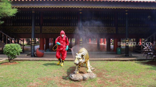 Petugas menyemprotkan disinfektan ke patung macan di di Anjungan Sumatera Utara, Taman Mini Indonesia Indah, Jakarta Timur, Rabu (10/6). [Suara.com/Alfian Winanto]