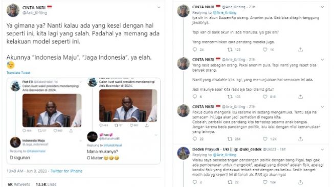 Natalius Pigai dapat kata-kata rasis, Arie Kriting dan Dedek Prayudi membela (Twitter)