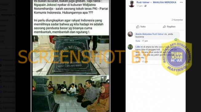 Unggahan yang menuduh ayah Jokowi anggota PKI (Facebook).
