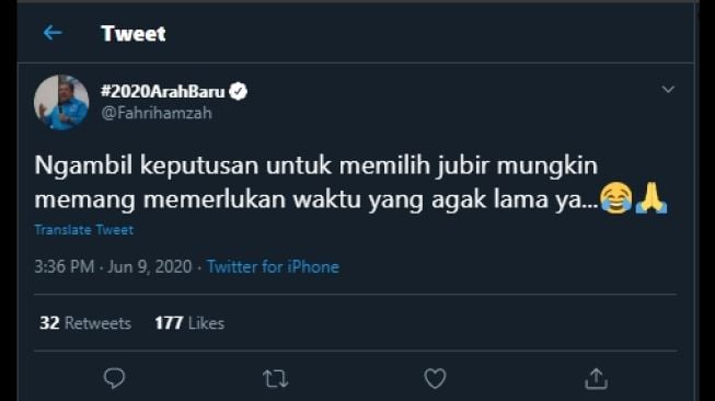 Cuitan Fahri Hamzah menanggapi penunjukkan Tim Komunikasi Gugut Tugas Covid-19. (Twitter/@Fahrihamzah)